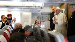 Pope Francis speaks to journalists aboard his flight from Rome to Havana Sept. 19. (CNS photo/Paul Haring) See POPE-CUBA-ARRIVE Sept. 19, 2015.